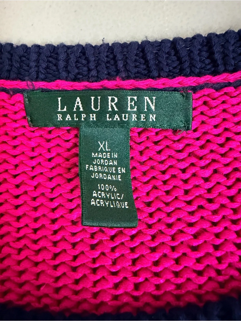 Lauren Ralph Lauren Bold Stripe Sweater Size XL Pink Navy Button Shoulder Preppy